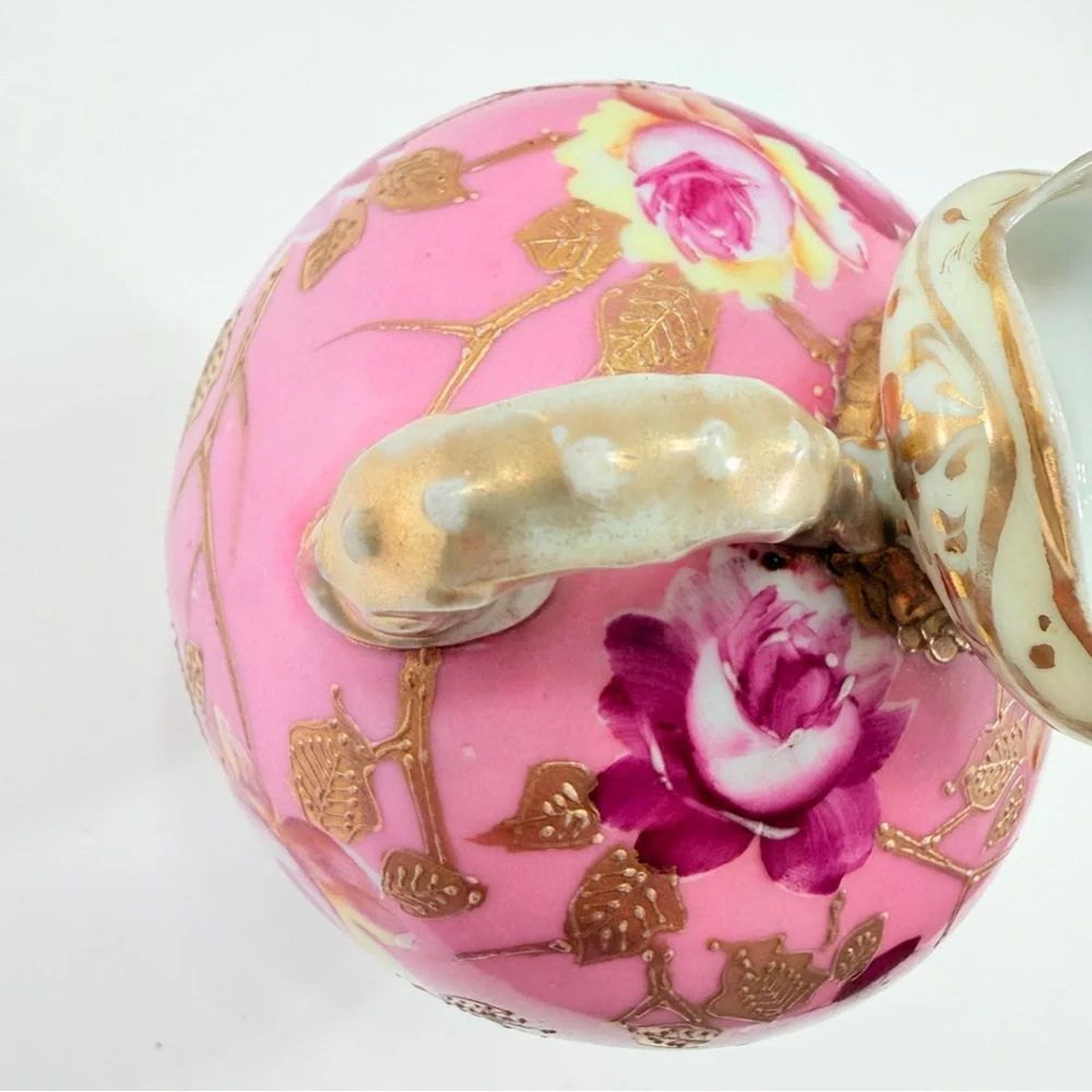 NIPPON Antique Old Mark Moriage Celadon‎ Art Nouveau Vase, Gold Pink Roses 5.75”